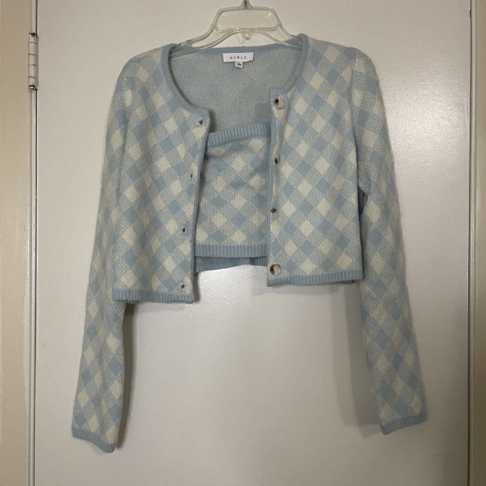 MABLE Blue Cropped Blue diamond knit Cardigan strapless 2pc set size Small